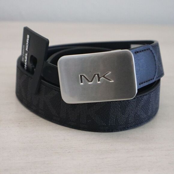 Michael Kors 86S3SBLY7B Men's Sz 36 Black MK Print - Silver MK Plaque Belt - Picture 1 of 9
